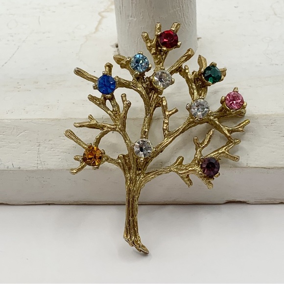 Vintage gold tree of life brooch with colorful rhinestones 15k HGE - Picture 8 of 8